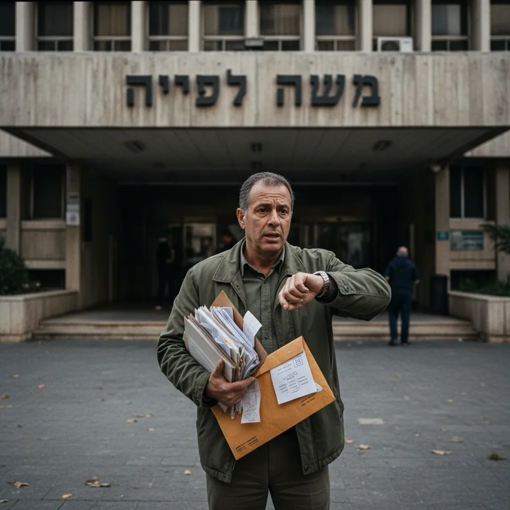 שעון חול על רקע מבנה משרדי — המתנה לשירות מרשות המסים בתקופת סכסוך עבודה